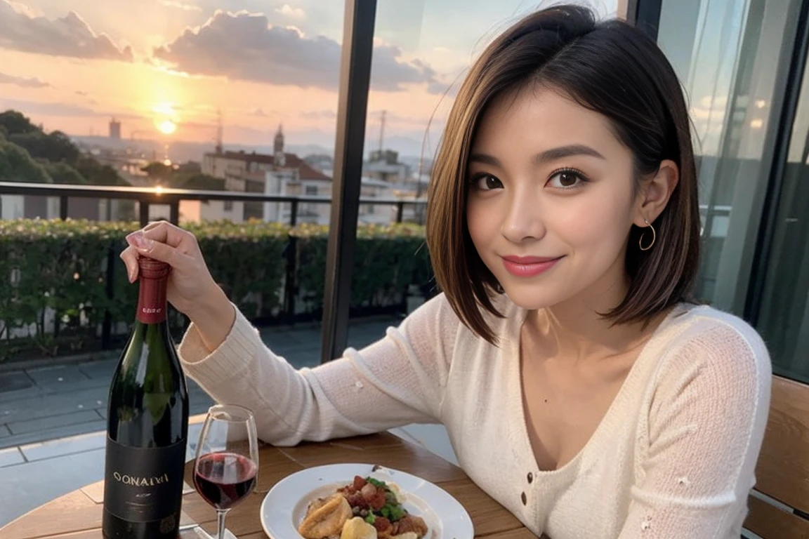 （Realistic:1.1）,(masterpiece,Highest quality)，8k,(49 years old), 53 years old, ベリーslimボディ、slimカップル、Tight waist,Upper Body,full-course dinner、wine 、Amazing view of the sunset sky and clouds、Perfect Anatomy, Brown Hair, short hair,Random Hairstyles,((Highly detailed face and eyes:1.2))，Perfect golden ratio face，Long sleeve shirt、dress,(smile:1.2)、Shortcuts、cute、(Realistic, Intricate details:1.2), A bright smile、short hair,Bright Face、赤wine 、Appetizers、Italian food、wine bottle、Champagne、スパークリングwine、(slimな顔), (The body is slim), (Brown Hair), (Shortcuts),  Upper Body, 白wine, slim, wineグラス, 