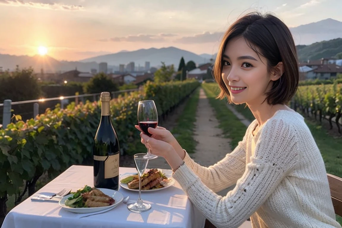 (Realistic:1.1),(masterpiece,Highest quality),8k,(49 years old), 53 years old, ベリーslimボディ、slimカップル、Tight waist,Upper Body,full-course dinner、wine 、Amazing view of the sunset sky and clouds、Perfect Anatomy, Brown Hair, short hair,Random Hairstyles,((Highly detailed face and eyes:1.2)),Perfect golden ratio face,Long sleeve shirt、dress,(smile:1.2)、Shortcuts、cute、(Realistic, Intricate details:1.2), A bright smile、short hair,Bright Face、赤wine 、Appetizers、Italian food、wine bottle、Champagne、スパークリングwine、(slimな顔), (The body is slim), (Brown Hair), (Shortcuts), Upper Body, 白wine, slim, wineグラス,