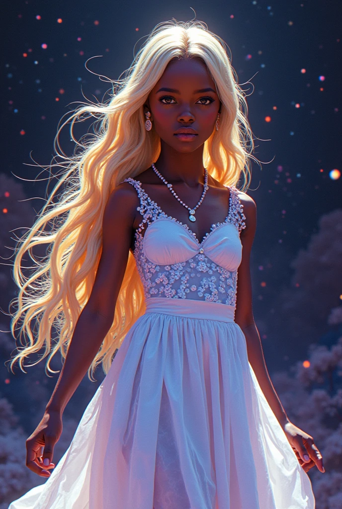 pixelated glitchart of close-up of a Blonde with locks Ghanan girl with a ethereal opal dress floating in the middle of a galactic distorted background, ps1 playstation psx gamecube game