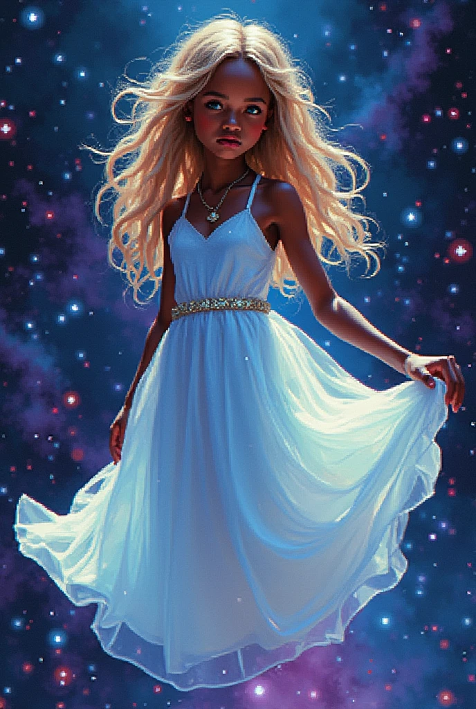 pixelated glitchart of close-up of a Blonde with locks Ghanan girl with a ethereal opal dress floating in the middle of a galactic distorted background, ps1 playstation psx gamecube game