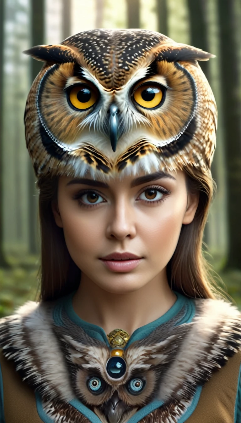 Panorama，Owl with a human face in the forest(best quality，4K，8k，High level，masterpiece：1.2），Ultra Detailed，（lifelike，Photo real，Photo real：1.37），Highly detailed animals，Complex patterns，Realistic lighting
