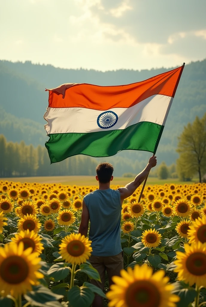 (photorealism:1.2), indian flag, holding in hands, realistic,near sunflower garden, russia