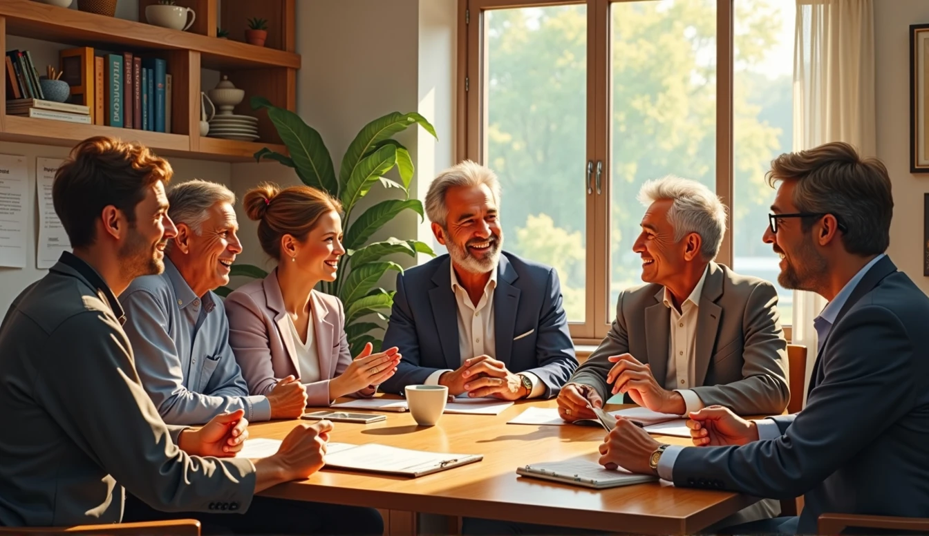 People from each generation talk in good spirits at work. wood color painting style