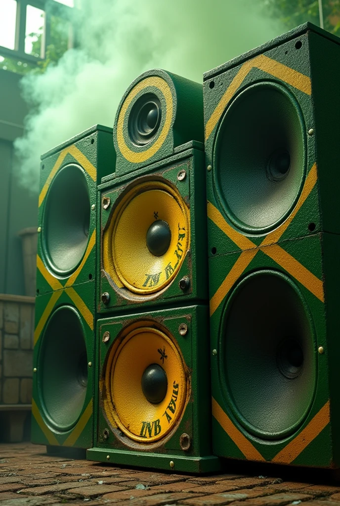 Giant speaker with several speakers colored in the colors of Jamaica, with smoke coming out with marijuana leaves written ABRACA DUB in large letters