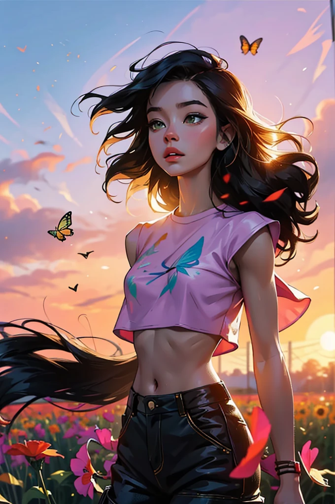 award winning digital art, half body portrait of a beautiful woman in a yellow crop top and cargo pants with black teal hairstyle with head in motion and long hair flying, in a flower and butterfly field, golden sunset, particles dust, glitter, paint splashes, splatter, outrun, vaporware, shaded flat illustration, digital art, trending on artstation, highly detailed, fine detail, intricate