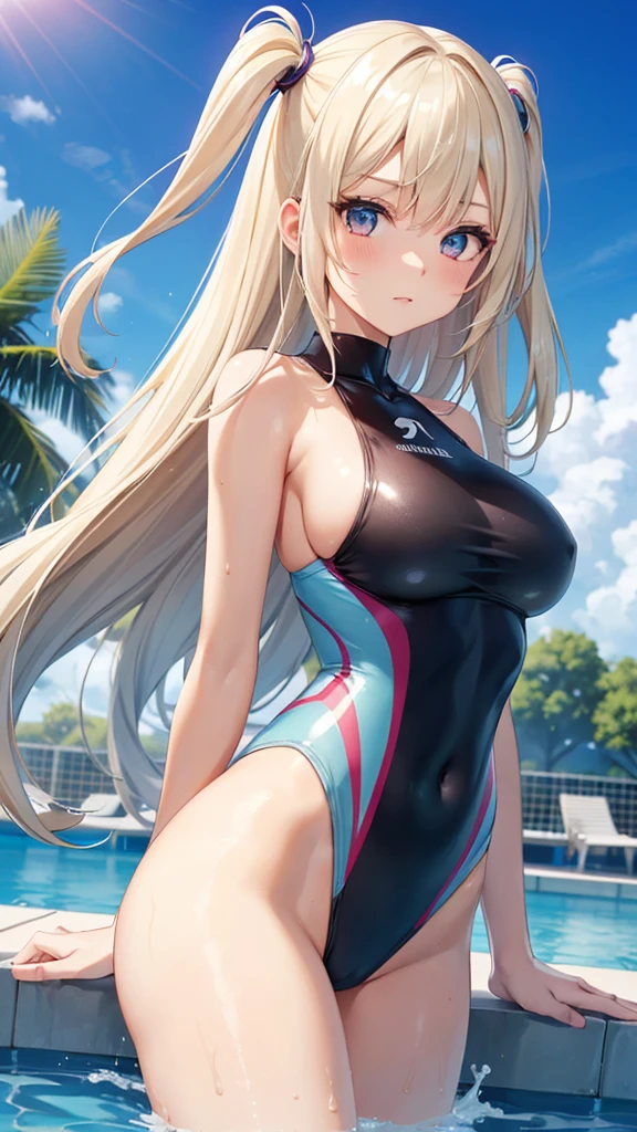 ((Best Quality)), (ultra-detailliert), ((Extremely detailed)), (Beautiful), ((Kawaii Girl)), ((UHD)), (masterpiece), (high quality), (best quality), (4K), (high quality), 1, solo woman, 1woman, ((platinum blond hair)), parted bangs, ((hair intakes)), long hair, (hair two side up long), ((jade colored eyes)), slanted eyes, large breasts, slender body, competition swimsuit, Pool Background, (blue sky:1.3), solar, sunlight, anime style,