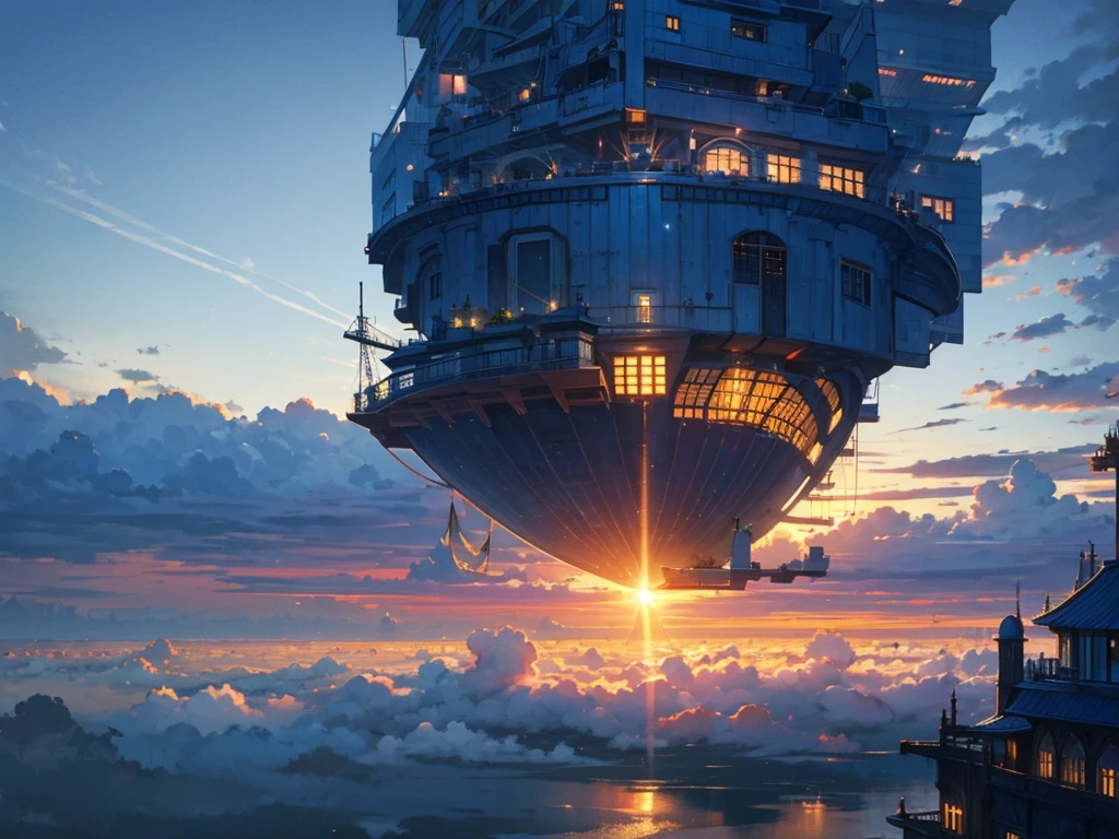 A huge city in the sky, A town above the clouds, A floating school city, you can see the horizon, There is a city below