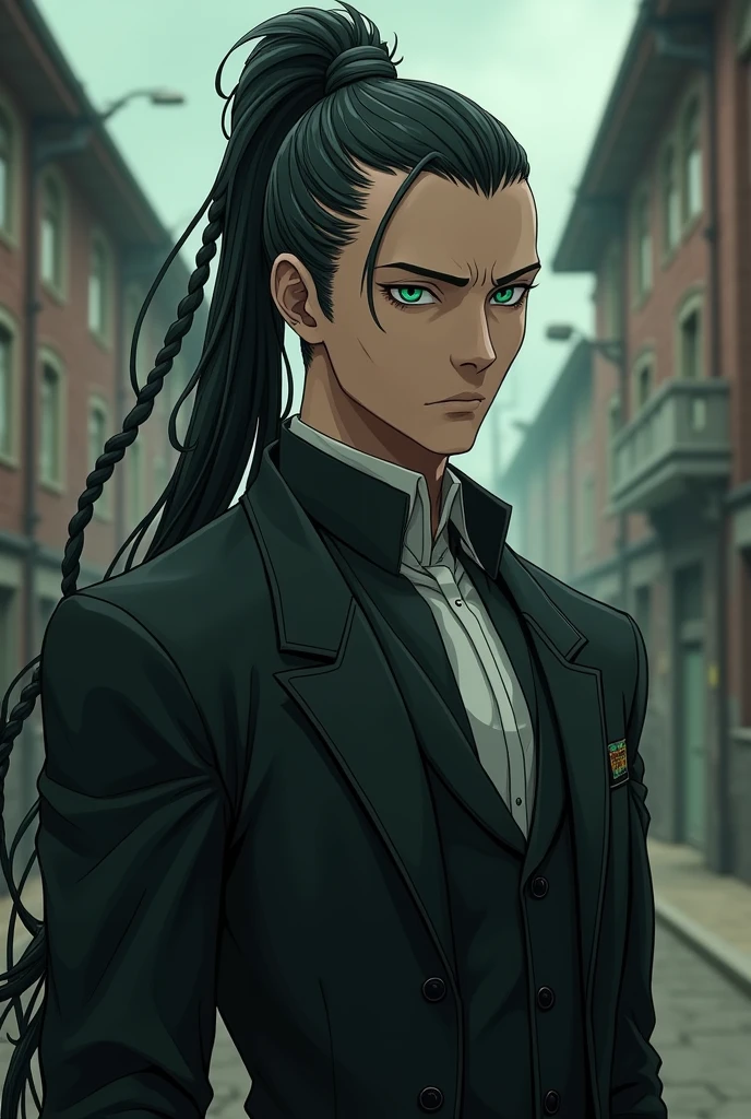 A brutal man of about 25 years old with green eyes and black long hair, braided in a high ponytail and shaved temples. In formal clothes. In full-length anime style. Not with a scythe.