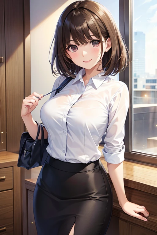 anegasaki nene、Shiny brown hair, short hair, (Beautiful brown eyes、Sparkling eyes, Fine grain)、smile、超detailedな目、非常にdetailedな顔, 非常にdetailedな目,
(masterpiece, Highest quality, detailed), One girl, Solo Break, Blake Office Lady, indoor, suit, Pencil Skirt, smile