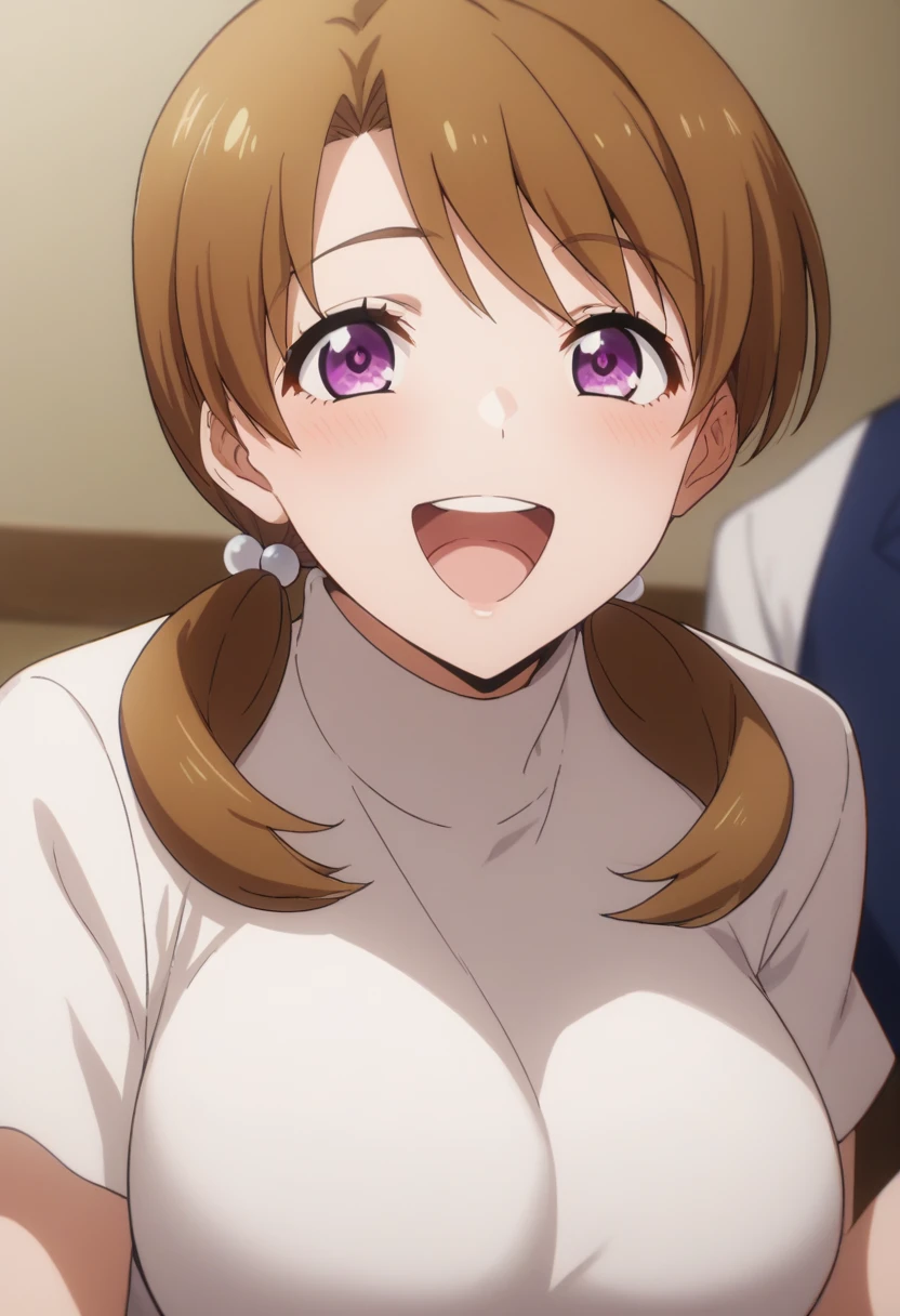 score_9, score_8_up, score_7_up, source_anime,
honokamitsui, honoka mitsui, 1 girl, 
bangs, brown hair, twintails, low twintails, purple eyes, large breasts, 
1girl, smile, singing, shaped pupils, naughty face, open mouth, {{laughing}}, seductive smile, 

vulgarity, 