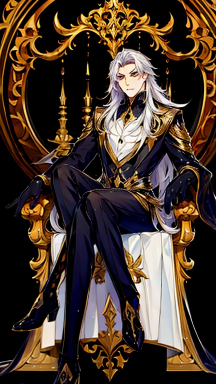 Handsome, solo, 1 male, long hair, white hair, yelow eye, wearing a black shirt, and black dress shoes, sitting on a golden chair with extremely beautiful and majestic dragon-engraved details.