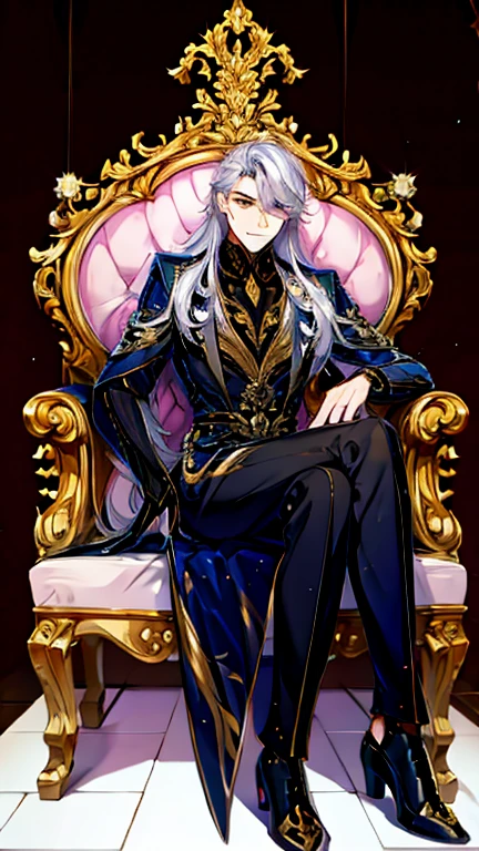 Handsome, solo, 1 male, long hair, white hair, yelow eye, wearing a black shirt, and black dress shoes, sitting on a golden chair with extremely beautiful and majestic dragon-engraved details.