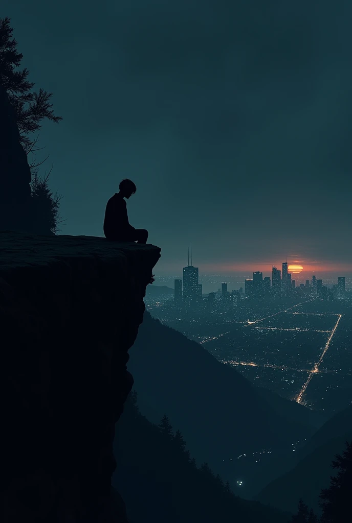 A cover with a dark background of a person sitting on a cliff watching the city at night and the sunrise in the distance