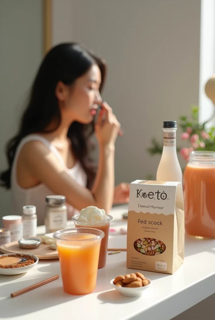 makeup studio, an asian makeupartist doing her job at the background, keto food keto soup detox juice makeup products on the table, keto food is paper box, and almonds in the small mini pvc cup