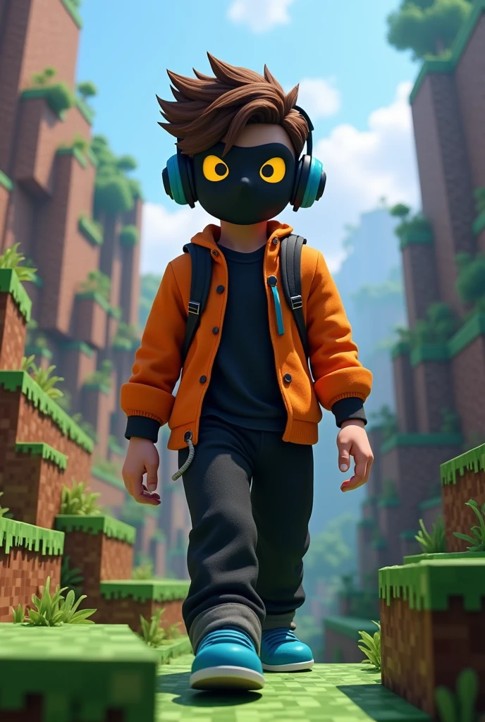 A age boy wearing a black shirt, black trousers, blue shoes, an orange jacket and a blue headset, a black mask with yellow eyes and is in Minecraft.
