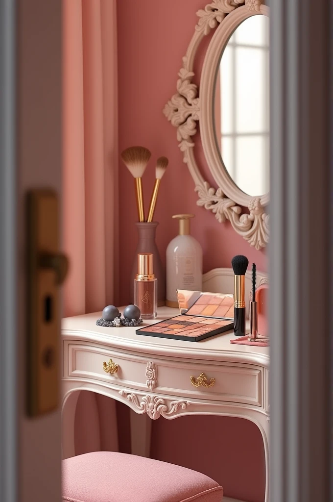 À travers le trou d'une serrure d'antan on aperçoit une coiffeuse, posé sur celle-ci des produits de maquillage de haute gamme, haute qualité ((ultra détaillé)) : des palettes de maquillage pour les yeux, une éponge blender, des pinceaux, un fond de teint, un mascara, un eye liner des boucles d'oreilles. Jolies couleurs pastels. Chef d'oeuvre. Masterpiece.