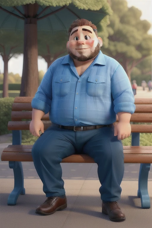 A fat man is sitting on a park bench carrying a cute baby boy, the fat man is wearing a long sleeve blue shirt, a blue baby stroller aside