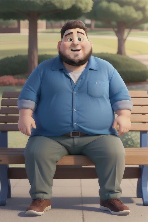 A fat man is sitting on a park bench carrying a cute baby boy, the fat man is wearing a long sleeve blue shirt, a blue baby stroller aside