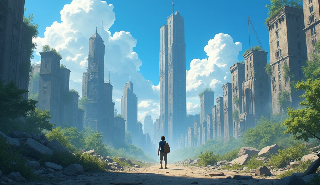 post apocalypse, Cool summer, A little explorer alone there, Numerous huge high-rise buildings destroyed , Anime-style , Magnificence