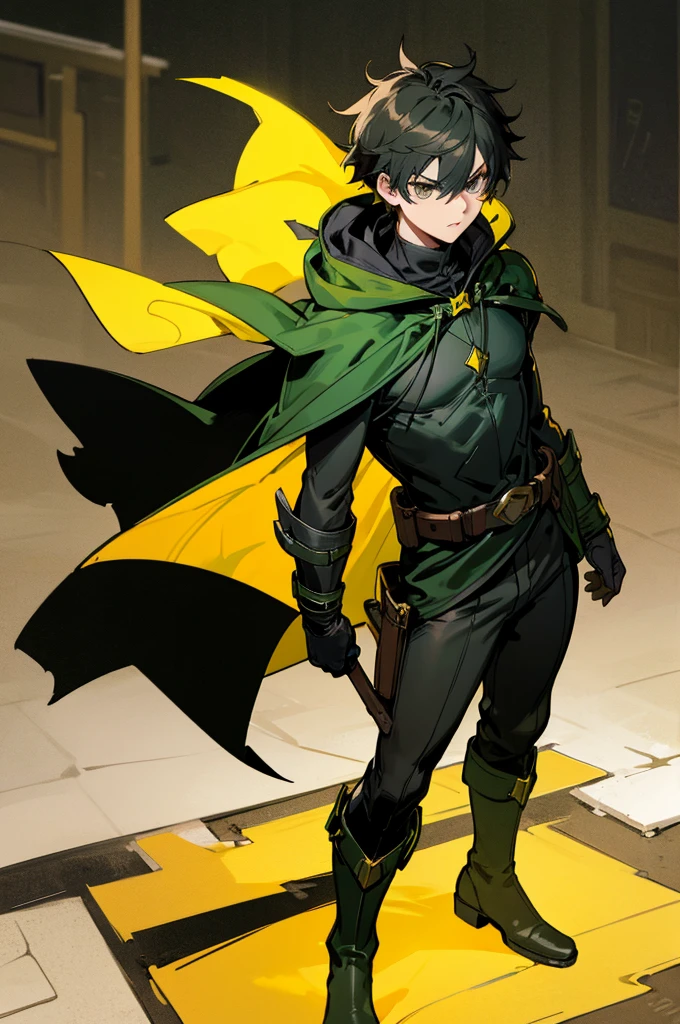 1male , Young Male  , Black Gloves, Green Boots , Black and Yellow Cape , Black Hero Mask with whites out eyes , Messy Hair , Serious Expression , Standing on sidewalk , Perfect Generation robin, Robin outfit