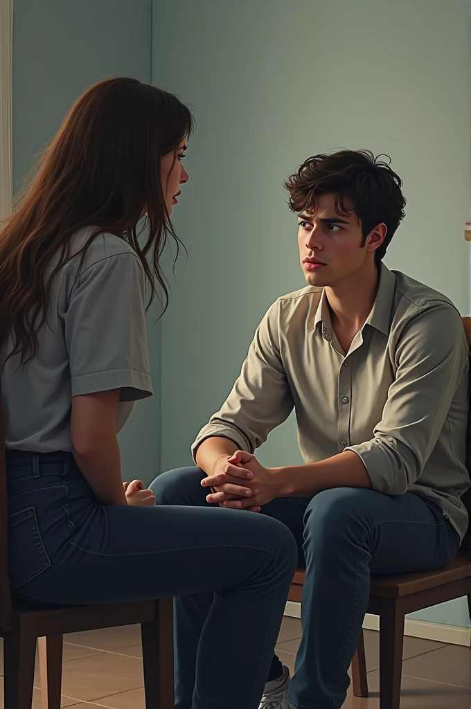 A young man in setting short chair amnd womne irritating mood
