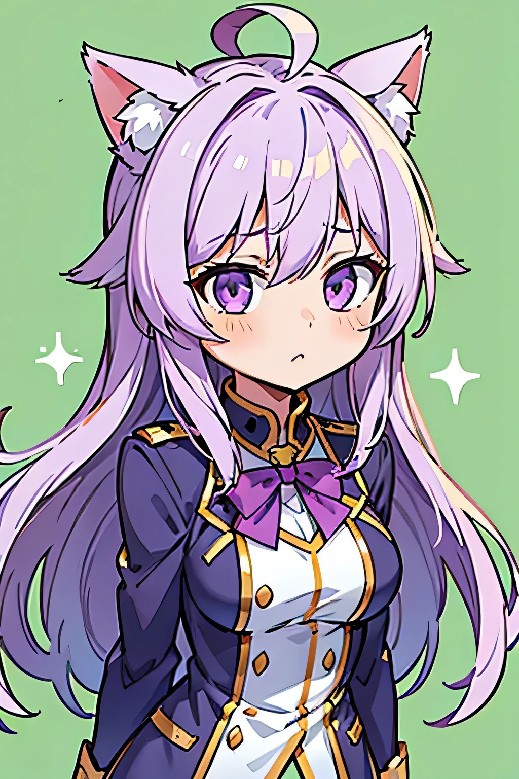 facing left,1girl,cibi,light purple hair, uniform,long hair, Ahoge, be careful,green background,light purple eyes, cat ears, full body