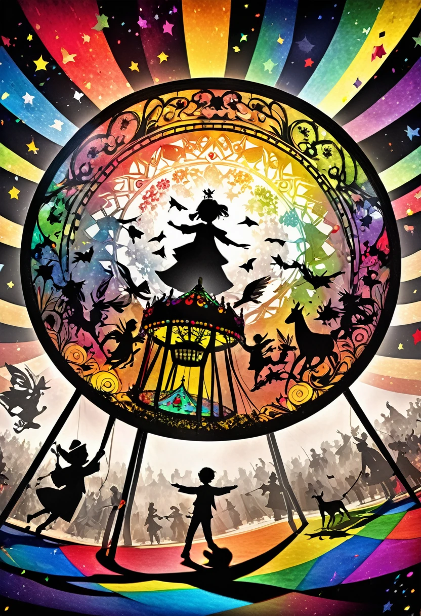 fusion of watercolors and oil paintings, fusion of paper cutting and shadow puppetry, mix of monochrome and color, fusion of merry-go-round kaleidoscope magic circle, puppet show made of black shadow puppets, colorful colors, shading effects, gradation magic effects, foggy filter effects, glitter effects, (ultra detailed, absolutely resolution, best quality:1.3), 2.5D, delicate and dynamic, artistic photography, hyper realistic, graphic CG digital fantasy art
