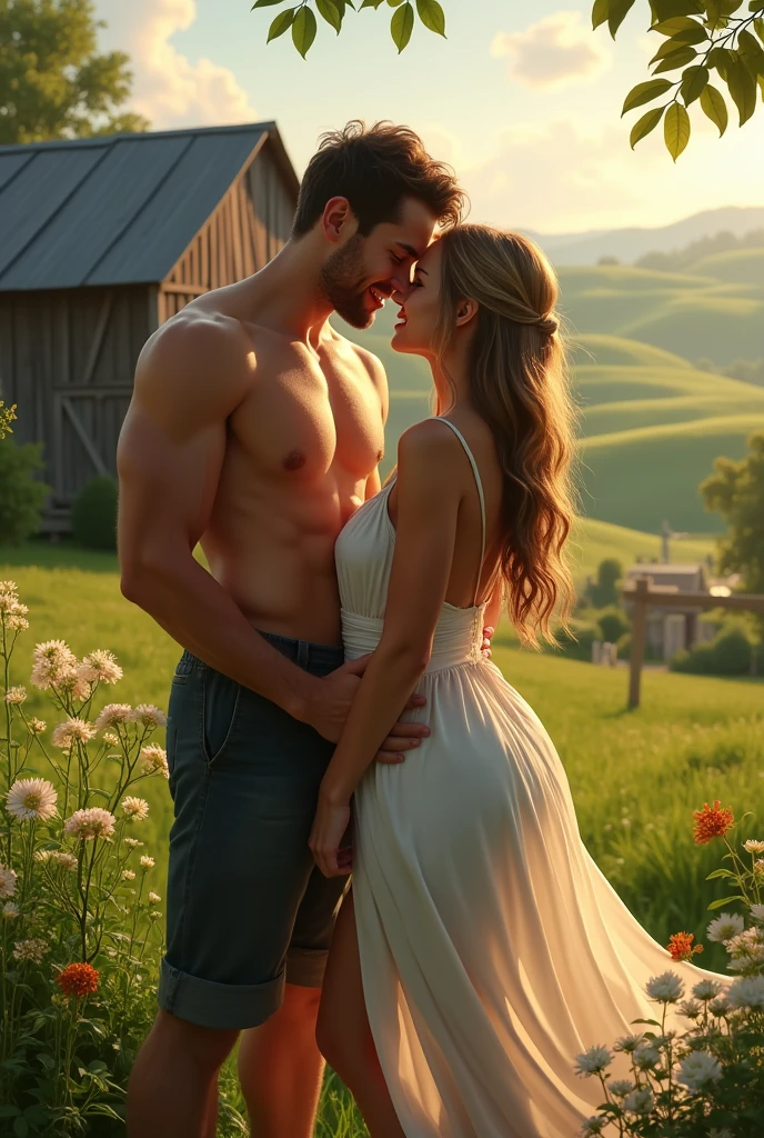 score_9, score_8, score_7_up, 1girl, 1boy, magnificent body, A luscious nude milkmaid has fun with her boyfriend on a farm. Naked small tits.