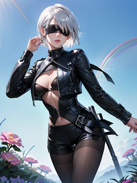 (((Wearing Black Leather Jacket:1.5, Wearing Black Leather shorts:1.1, Wearing Slightly open sheer shirt:1.1, Black knee-length pantyhose:1.1))), highly detailed, Nier Automata character 2b Face, silver short hairstyle, Asymmetrical bangs, ((blindfold, black blindfold:1.2)), Big Ass, Slightly slim woman, posing like a model, breathtaking beauty, Beautiful and graceful features, dark color sexy lingerie, (((Blue sky:1.1))), glowing skin, ((rainbow appears:1.2)), dreamy and fantastical atmosphere, fantasy, beautiful flowers and crystals, Art with precise detail, Futuristic, (moist pink lips, Slightly parted lips), perfect proportions, thigh gap, natural side lighting, Highly detailed CG, Realistic texture, ((masterpiece, best quality, digital imaging, high resolution photography)), ((solo portrait)),