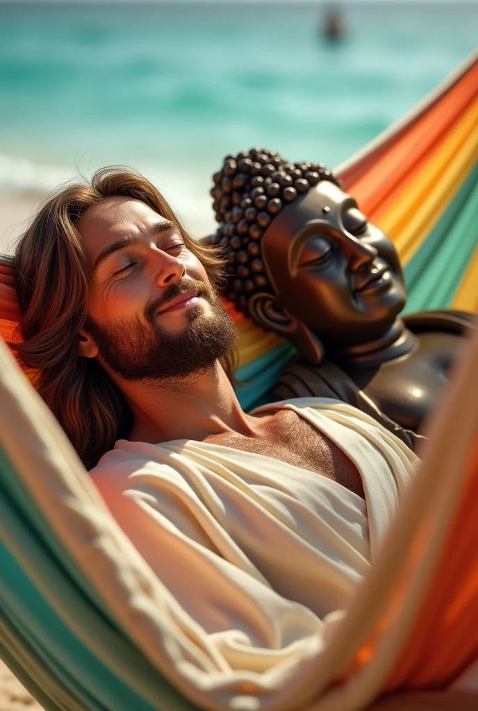 Jesus Christ and Buddha relaxing in a hammock on the beach. They close their eyes and rest with wise and benevolent faces. They close their eyes and smile happily. they are shining. Surrounded by rainbow-colored light. Jesus of Nazareth is depicted as a gentle, gentle man with shoulder-length hair. His wavy brown hair flows over his shoulders. His captivating hazel eyes convey deep wisdom and empathy, radiating warmth and understanding. The Buddha is depicted as a kind-hearted Japanese man with a shaved head and a calm and cheerful expression. His captivating dark eyes convey deep wisdom and empathy, radiating warmth and understanding. Summer beach, cocktails. Photography, close-up, highly detailed, trending at the art station, sharp focus, studio shot, intricate details, Greg Rutkowski,