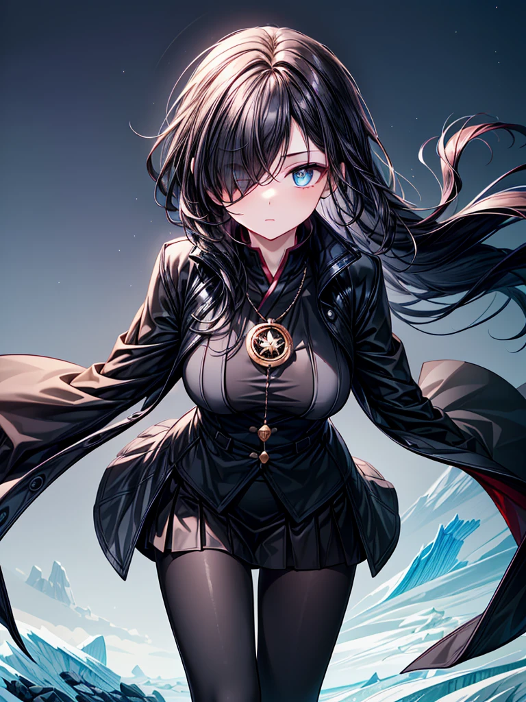 ((Oriental Project)),((Celestial Glacier)),((masterpiece)),((leaning forward)),((Highest quality)),((black micro mini length skirt)),((Amulet)),((alone)),((Deep blue pupils)),((sparkling eyes)),((Beautiful Blue Eyes)),((Wearing a black coat)),(((Wearing black tights))),((Slim body)),((length, Shiny black hair)),((Her left eye is completely hidden by her bangs)),((Her hair is parted, and you can see her eyes through it)),((Wearing black gloves)),((hair over one eye,long hair)),((Ruthless)),((Complex background)),((Hair blowing in the wind))