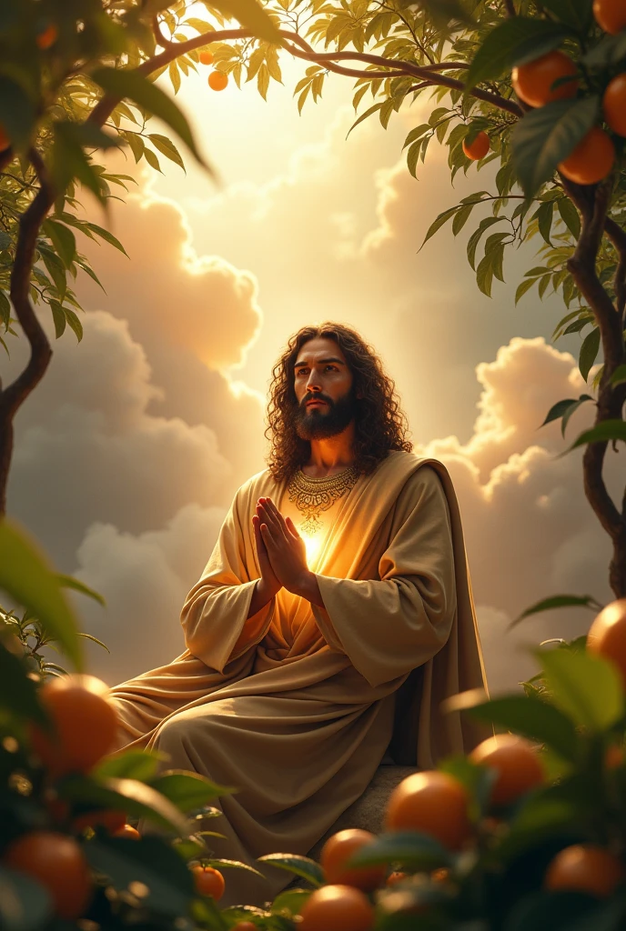 (photorealism:1.2), handsome Jesus Christ, praying under the trees that full of clouds and sorrounded of many fruits, wearing gold king clothes with light in his head and heart spreading all over, perfect five finger, long curly hair, indoors, soft lighting, clouds in background, beautiful sunlight, perfect paradise and clouds, relaxed pose, realistic, intricate details, warm colors,