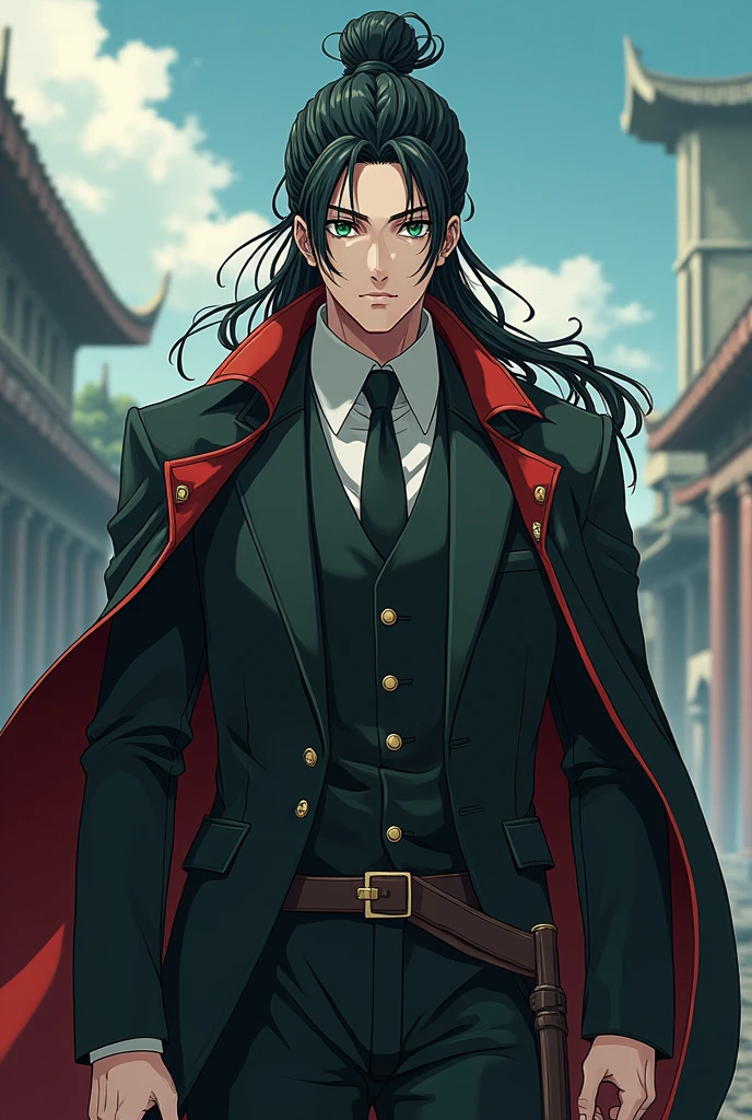 A brutal man of about 25 years old with green eyes and black long hair, braided in a high ponytail and shaved temples. In formal clothes. In full-length anime style. Not with a scythe.With fair skin. 