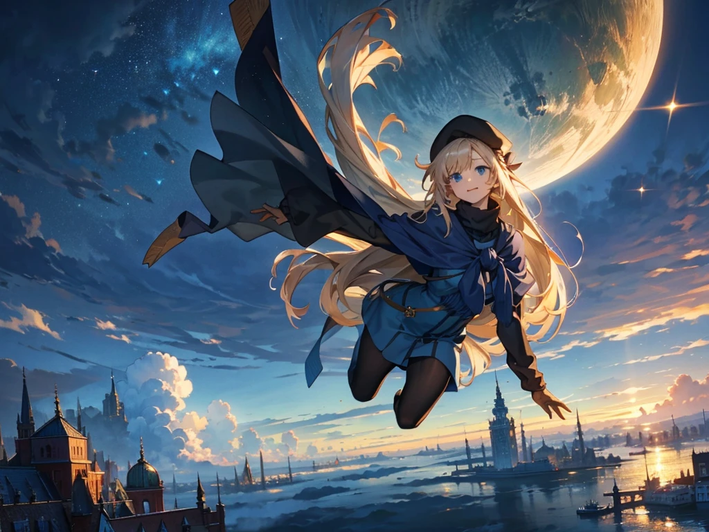 A huge city in the sky, A town above the clouds, A floating school city, you can see the horizon, There is a city below