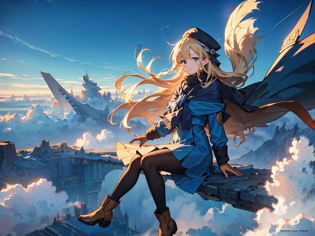 A huge city in the sky, A town above the clouds, A floating school city, you can see the horizon, There is a city below