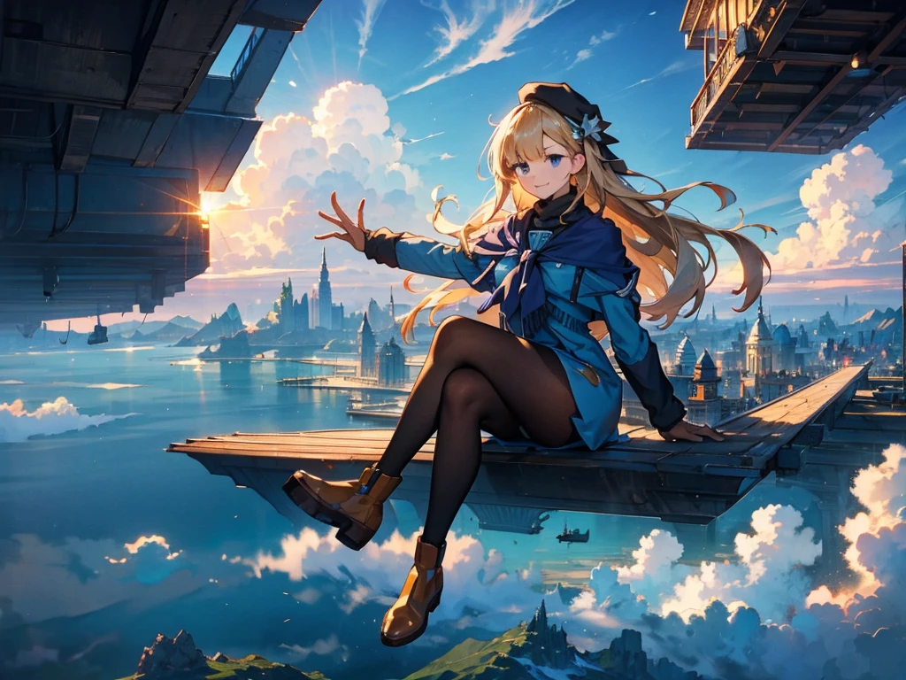 A huge city in the sky, A town above the clouds, A floating school city, you can see the horizon, There is a city below