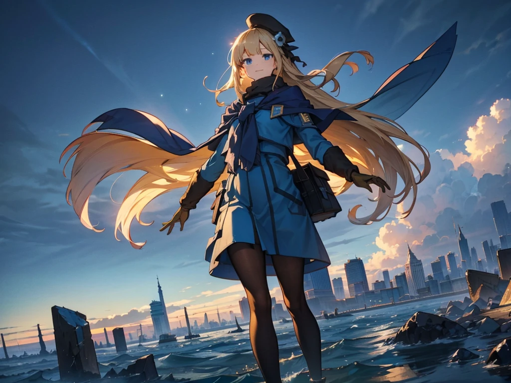 A huge city in the sky, A town above the clouds, A floating school city, you can see the horizon, There is a city below