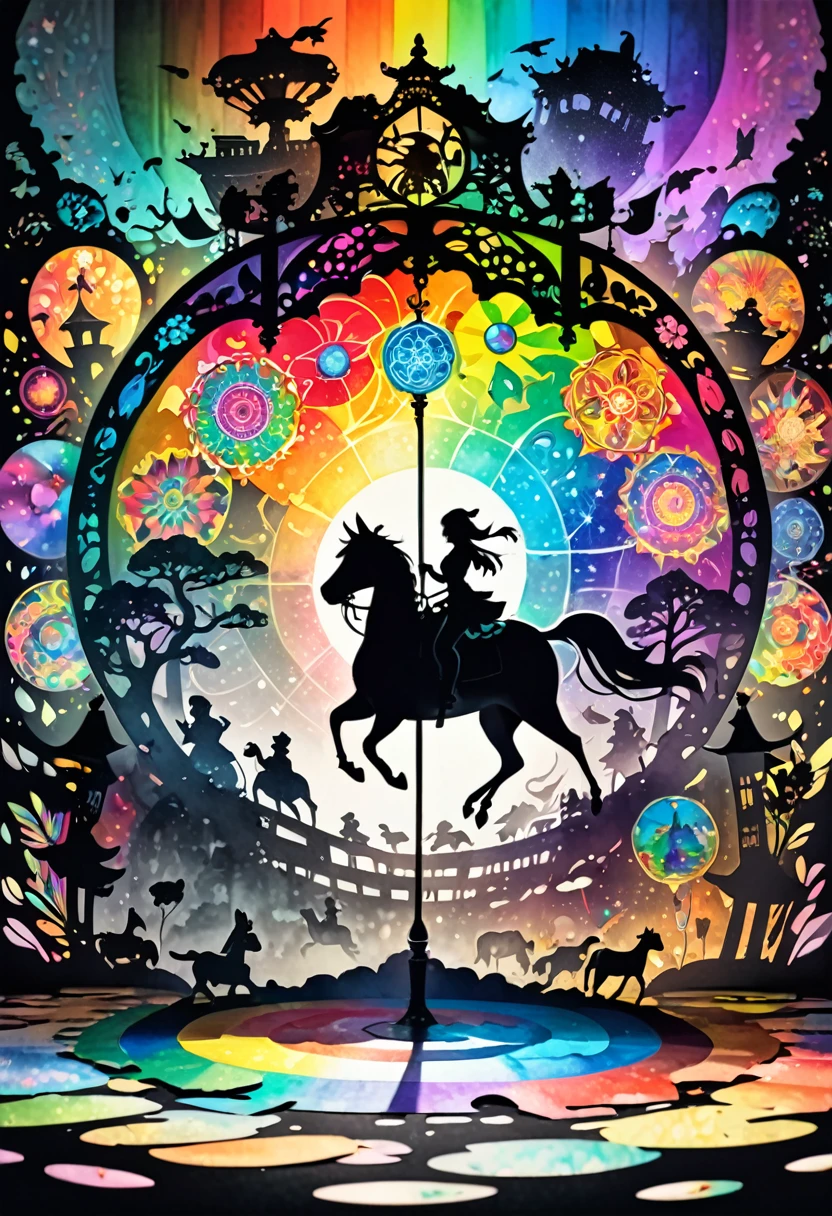 fusion of watercolors and oil paintings, fusion of paper cutting and shadow puppetry, mix of monochrome and color, fusion of merry-go-round kaleidoscope magic circle, puppet show made of black shadow puppets, colorful colors, shading effects, gradation magic effects, foggy filter effects, glitter effects, (ultra detailed, absolutely resolution, best quality:1.3), 2.5D, delicate and dynamic, artistic photography, hyper realistic, graphic CG digital fantasy art