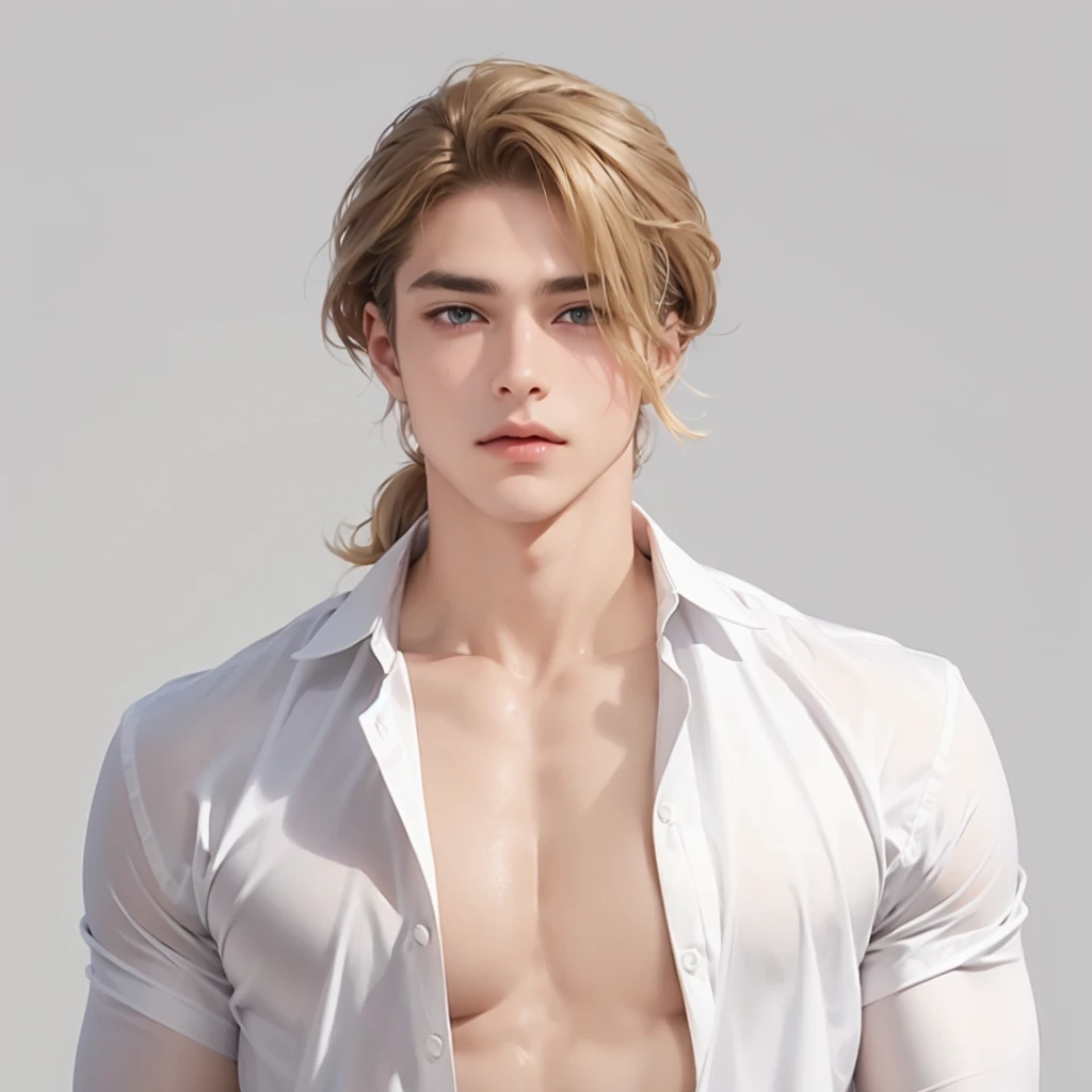 (No light and shadow environment:1.5),Soothing tones,Soft colors,A 23-year-old European and American model,(Shut up:1.5),(Hair sticking to scalp:1.5),Golden brown slightly curly shoulder-length hair,Ponytail hairstyle,Middle parting hairstyle,Edward Furlan,blond,With a melancholy expression,Blonde curly hair,male,White background,High Detail,male焦点,Abdominal muscles,Chest muscles,White shirt,Looking at the audience,