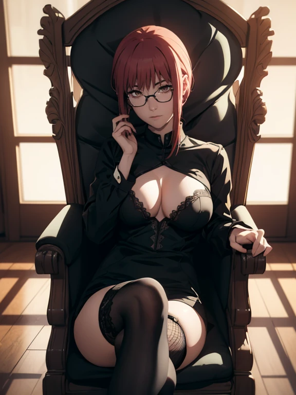 (masterpiece, best quality:1.0), highly detailed, full body view, looking down at viewer, intricate detail,  1girl , cute girl,  makima (chainsaw man) , sunglasses, eyewear on head,crossed legs,thighhighs, garter straps, fishnet thighhighs, dress, fishnets, hair down, breasts, black dress,  framed breasts, long sleeves,sitting,head rest,crossed legs,throne, gorgeous, gorgeous chair.  very detailed, detailed body, detailed face, detailed hands, detailed feet, anime art, extremely detailed CG unity 8k wallpaper, detailed light, cinematic lighting, chromatic aberration, glittering, epic composition, dark in the background, character cesing, very detailed, vibrants, sharp-focus, a detailed eye, super fine illustration, better shadow, finely detail, Beautiful detailed glow, beautiful detailed, extremely detailed, epic composition, presented at artstation, Octane Render, artstation hd, Cinematic, 4 thousand., hypermaximalist