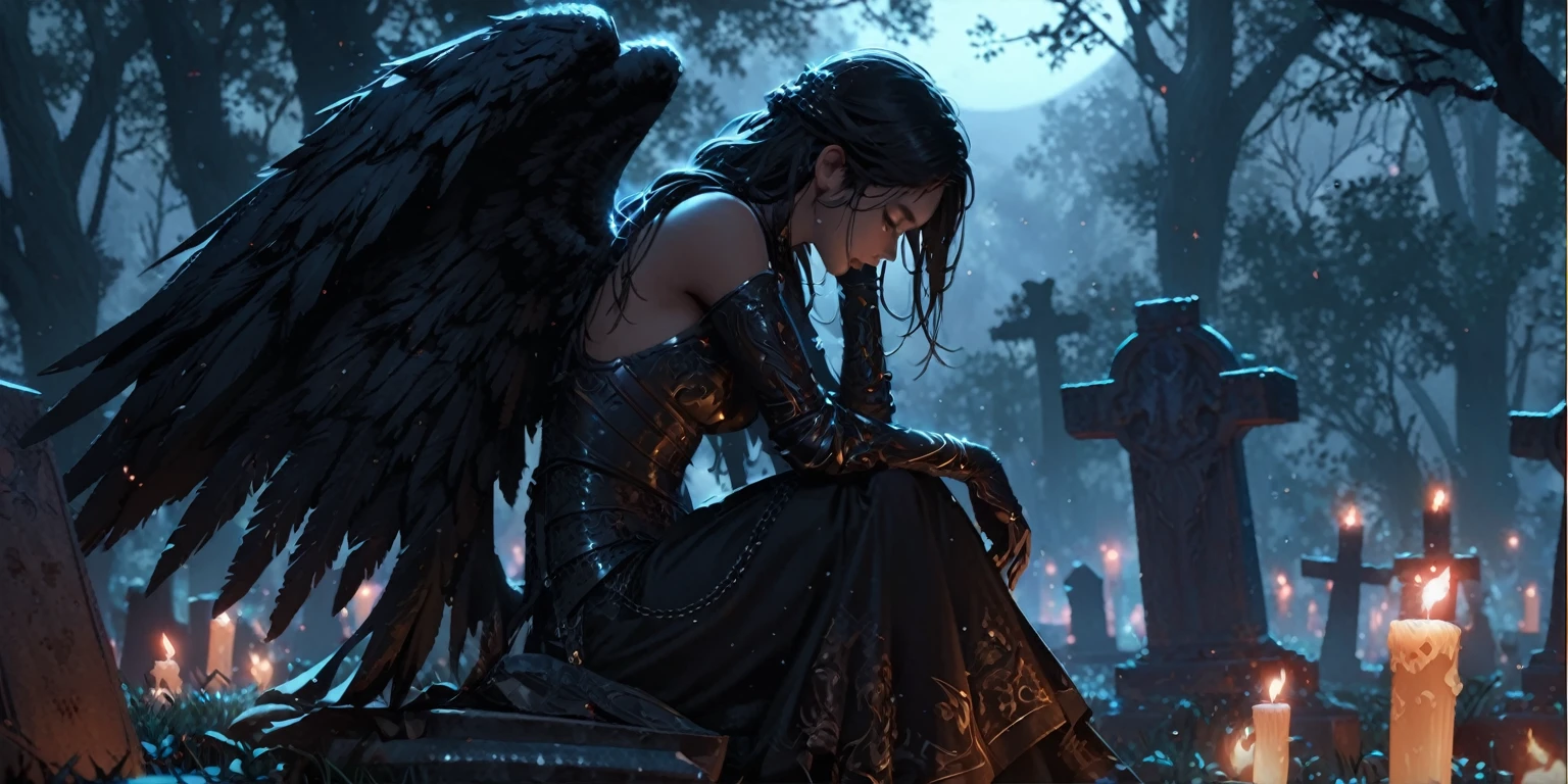 gothic woman sitting on grave with candles in background, dark fantasy style art, gothic fantasy art, dark fantasy art, fantasy dark art, Dark Angel, Фэнтезийное искусство Unreal Engine, High quality detailed 8K graphics, Graphic artist Magali Villeneuve, Angel Knight Gothic Girl, emotional concept art, autumn angel, elegant cinematic fantasy art, dark fantasy style