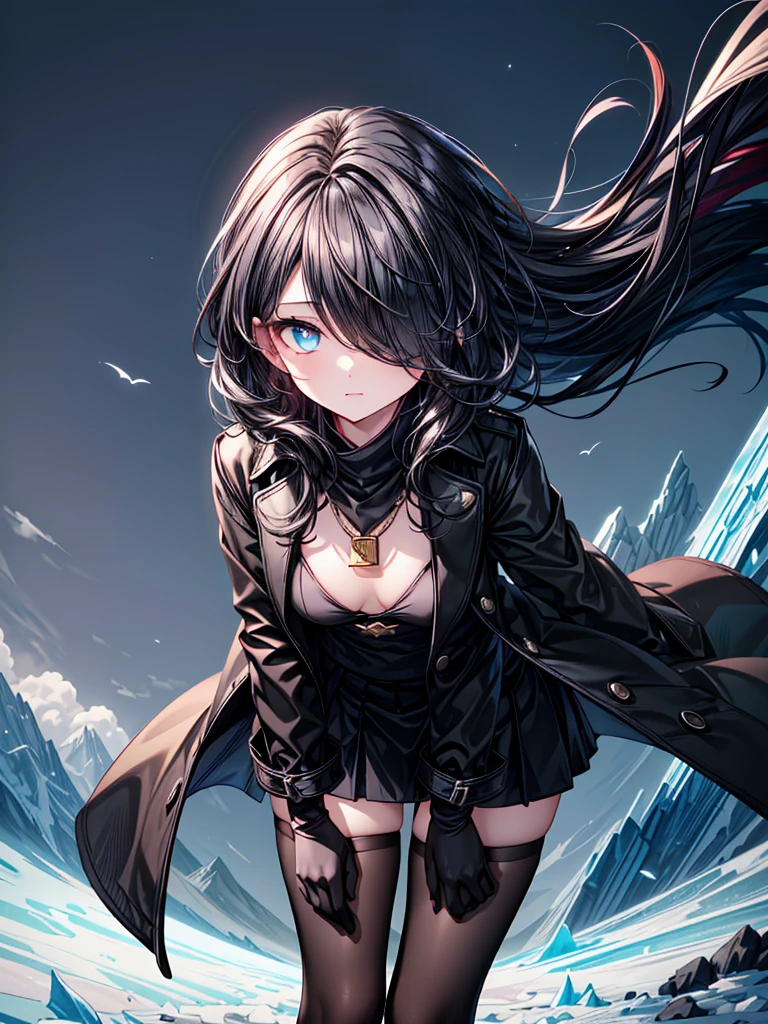((Oriental Project)),((Celestial Glacier)),((masterpiece)),((leaning forward)),((Highest quality)),((black micro mini length skirt)),((Amulet)),((alone)),((Deep blue pupils)),((sparkling eyes)),((Beautiful Blue Eyes)),((Wearing a black coat)),(((Wearing black tights))),((Slim body)),((length, Shiny black hair)),((Her left eye is completely hidden by her bangs)),((Her hair is parted, and you can see her eyes through it)),((Wearing black gloves)),((hair over one eye,long hair)),((Ruthless)),((Complex background)),((Hair blowing in the wind))