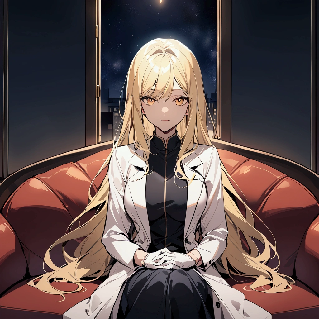 Living room background, night time, Lab coat, surgical gloves, long hair, 1woman, blond hair, shining hair, sitting on couch. Medium breast, facing viewer.