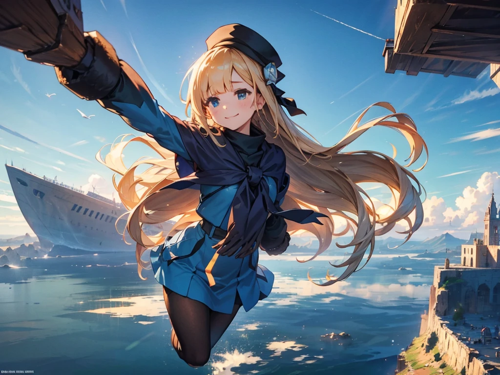 A huge city in the sky, A town above the clouds, A floating school city, you can see the horizon, There is a city below,A girl１people