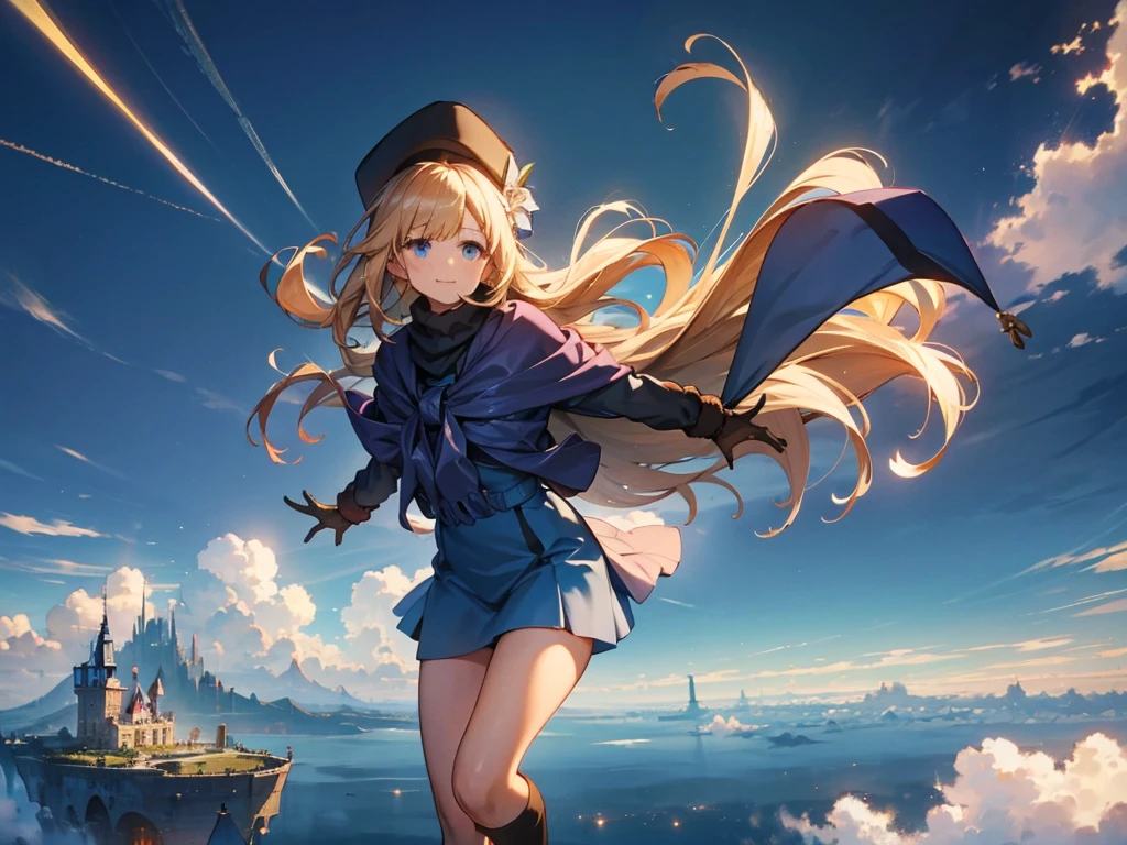 A huge city in the sky, A town above the clouds, A floating school city, you can see the horizon, There is a city below,A girl1people