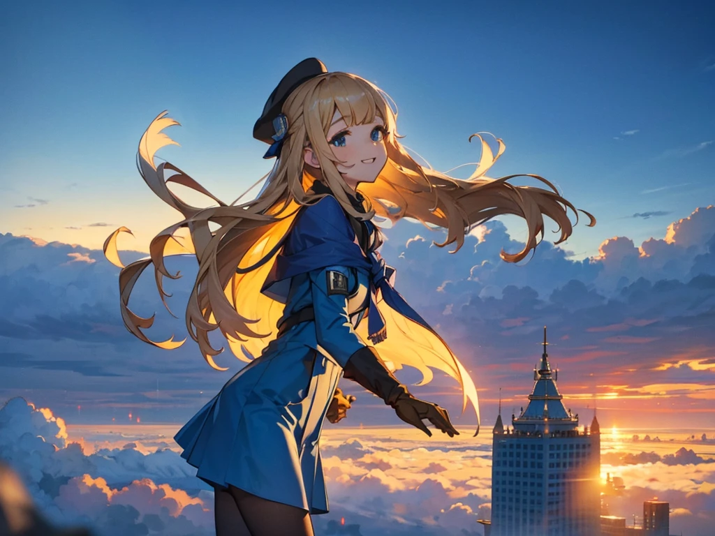 A huge city in the sky, A town above the clouds, A floating school city, you can see the horizon, There is a city below,A girl1people