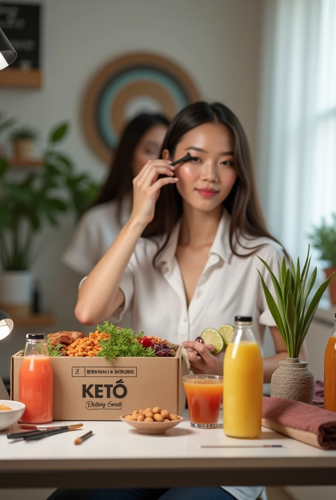 makeup studio, an asian makeup artist doing her job at the background, keto food keto soup detox juice makeup products on the table, keto food is delivery paper box, and almonds in the small mini pvc cup