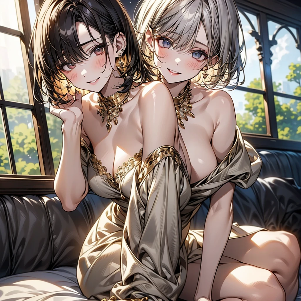 Nude, (((Very elegant and beautiful, Perfect detail, Very detailed))), whole body, The most detailed girl, Written boundary depth, 美しく詳細なwhole body, Thin legs, 1 girl, , Short Hair, Spiked Hair, Gray and silver hair, Beautiful detailed hair, Perfect Face, A troubled but happy face, Beautiful, detailed, deep eyes, Please open your mouth a little, Delicate arms and hands, Pale skin, Earrings, Beautiful and gorgeous necklace, Colorful background, HD background, Blurred Background, Very delicate and beautiful, masterpiece, (((Highest quality, Very beautiful 8K CG wallpaper))), (((Trendy hairstyles))), (Inside the room,Stylish interior,window),Smaller breasts Lying on your back on the bed Thin pubic hair Spread legs