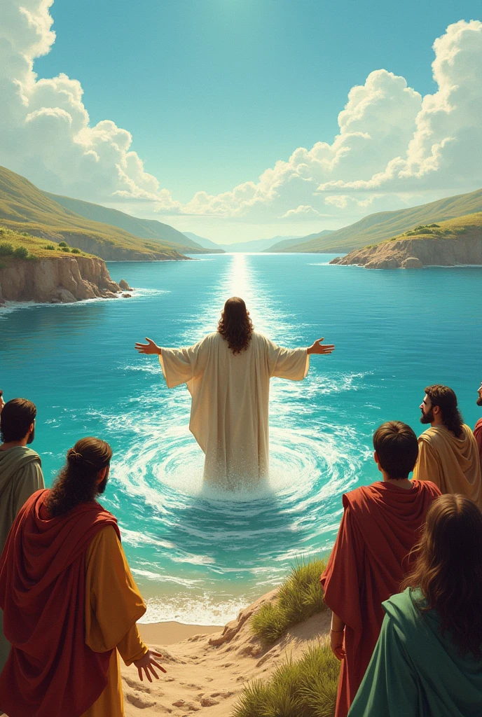 A picture of the nation of Israel facing the Tiberian Sea,  The Lord Jesus who is parting the sea for the people of Israel, the split sea