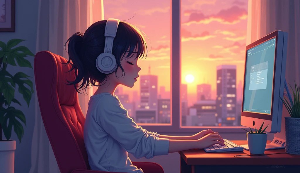 Portrait、512、LoFi、Girl sitting on a chair wearing headphones、Take a nap at your desk、close your eyes、city view outside the window、evening、pastel colour、Painting、2D anime style、Big Breasts、looks fun